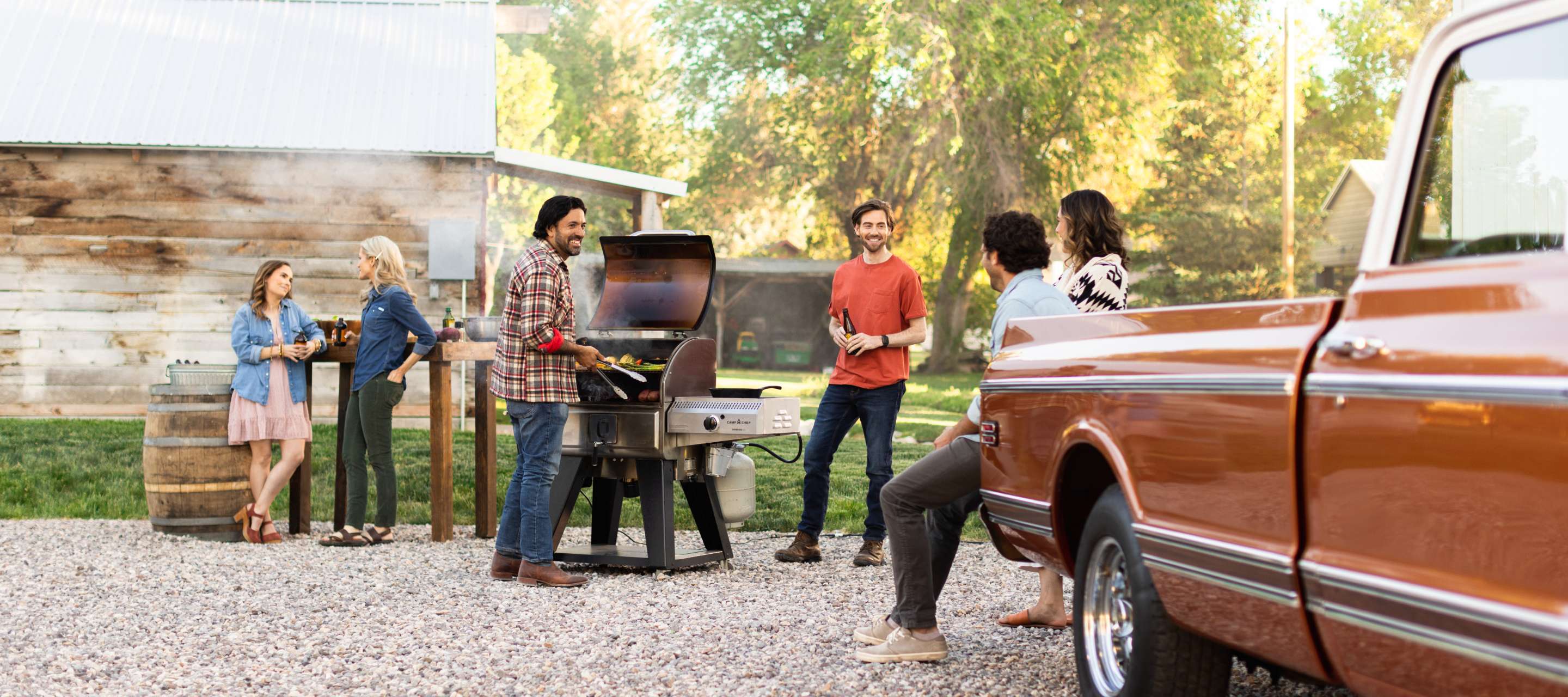 a group of people grilling
